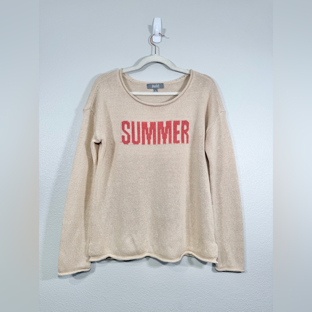Marled Sweater SUMMER Print Long Sleeve Top Cream Pink Swoop Neck Light Women M